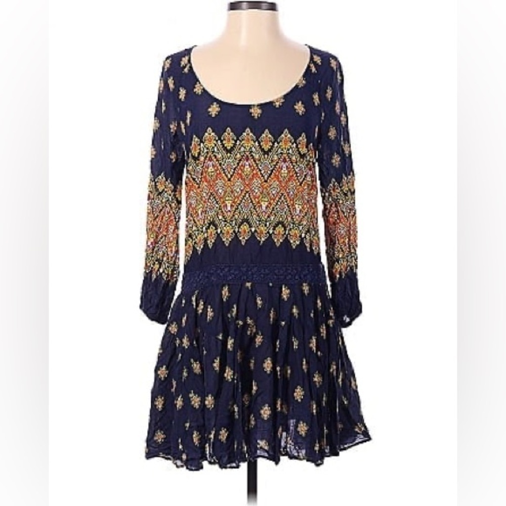 Free People Boho Navy crochet Floral Drop Waist knit tunic Dress pullover Sz XS